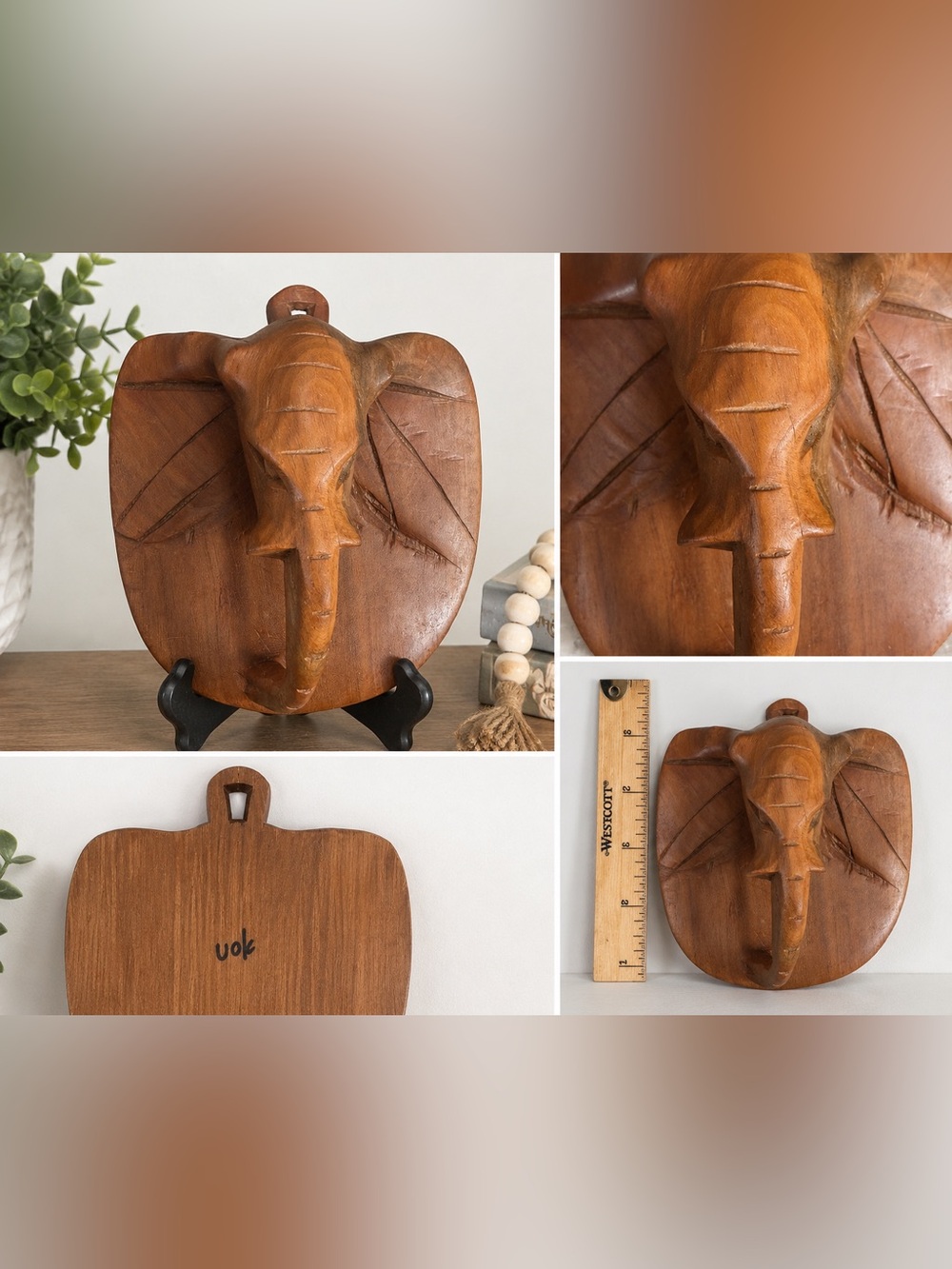 Vintage Hand Carved Wooden Elephant Wall Plaque Tribal Folk Art Hanging Decor
